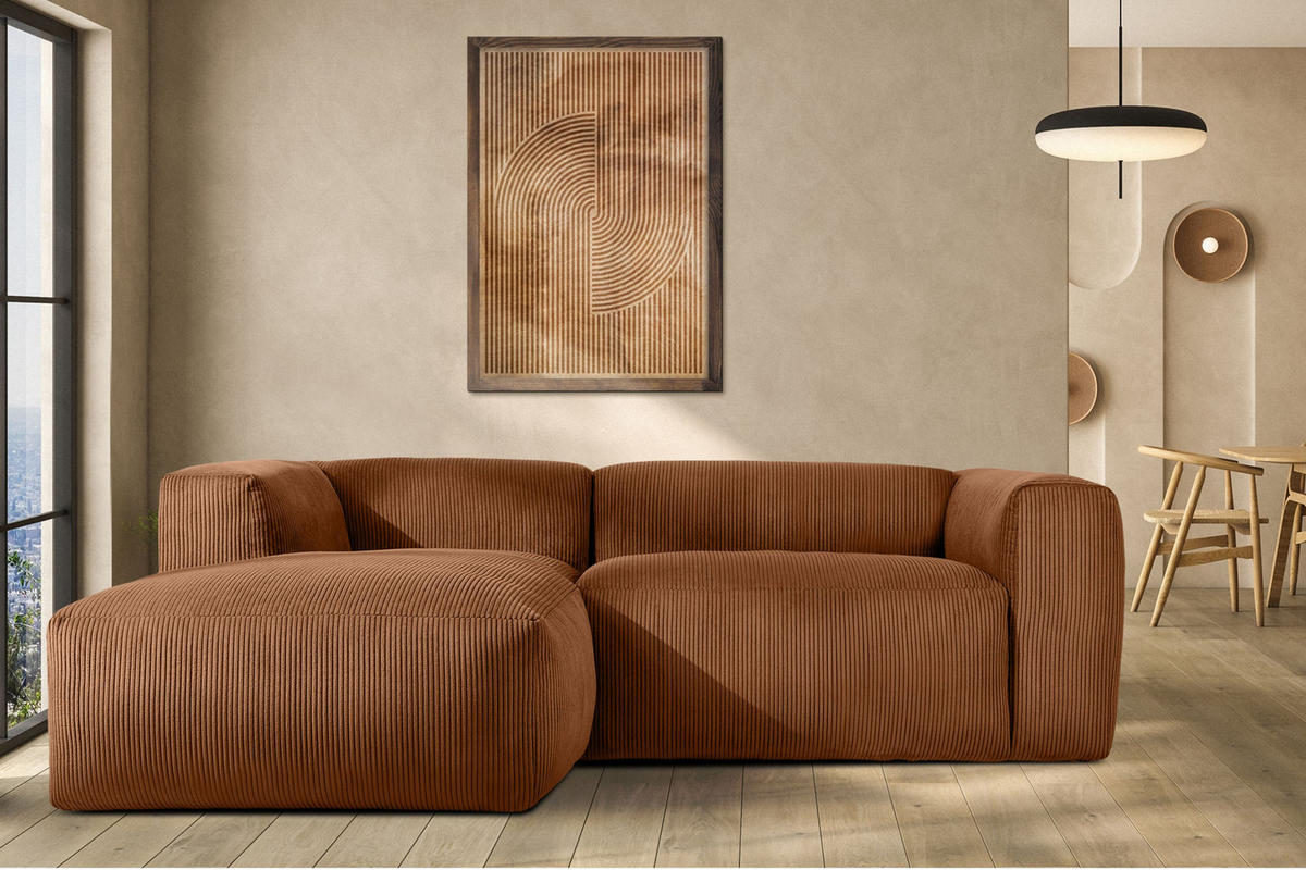 ECKMODULSOFA-LINKS BUFFO 3/4 Sitzer mit extrem weicher Sitzfläche, Kordstoff, ore - Orange, Textil (237/180cm) - KONSIMO®