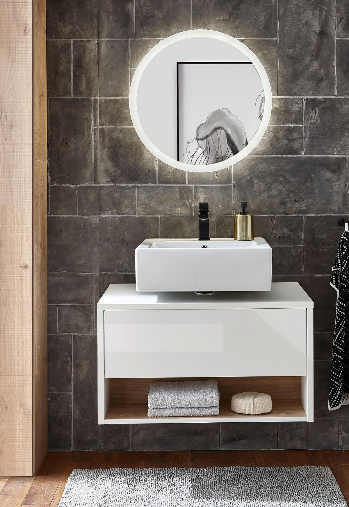 Badmöbel Set 2-teilig in weiß Hochglanz und Eiche mit LED Beleuchtung 80 x 190 cm Glide - Weiß Hochglanz/Eichefarben, Glas/Holzwerkstoff (80/190/46cm) - Furn.Design