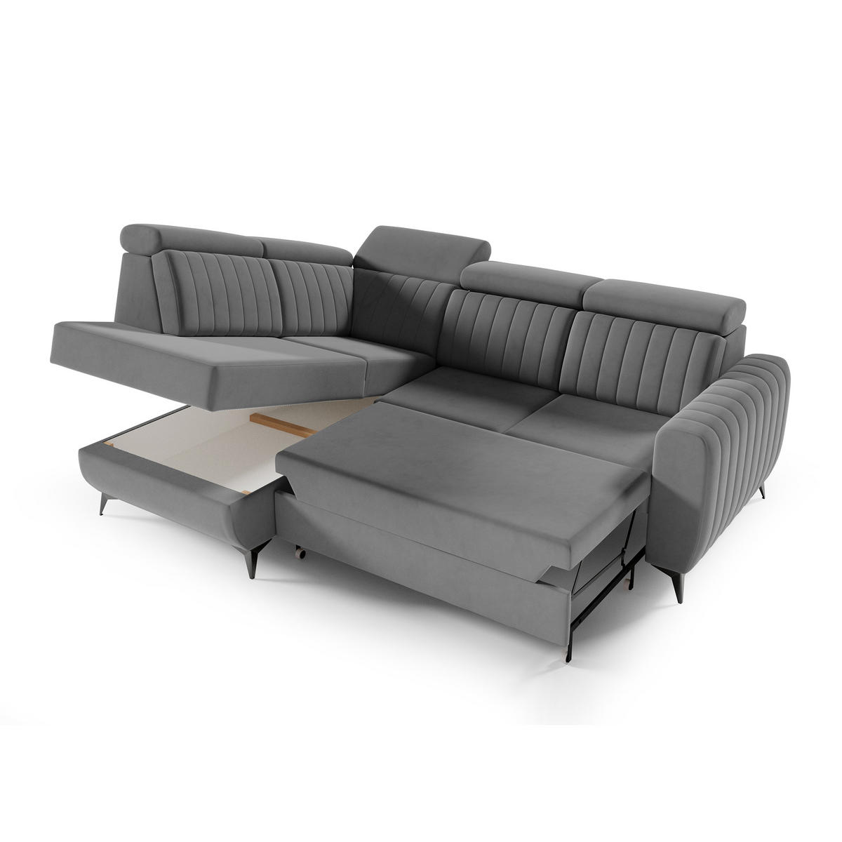 ECKSCHLAFSOFA Connor II verstellbare Kopfstützen, Grau, links - Schwarz/Grau, Textil (268/204cm) - Beautysofa
