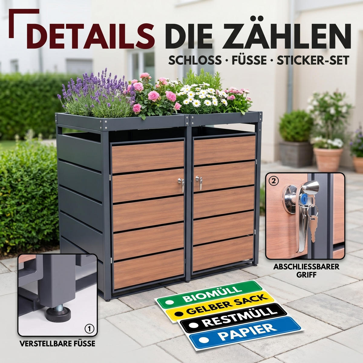 MÜLLTONNENBOX mit Pflanzkasten 2er, MTP2 - Anthrazit, Metall (132/116/80cm) - Albatros