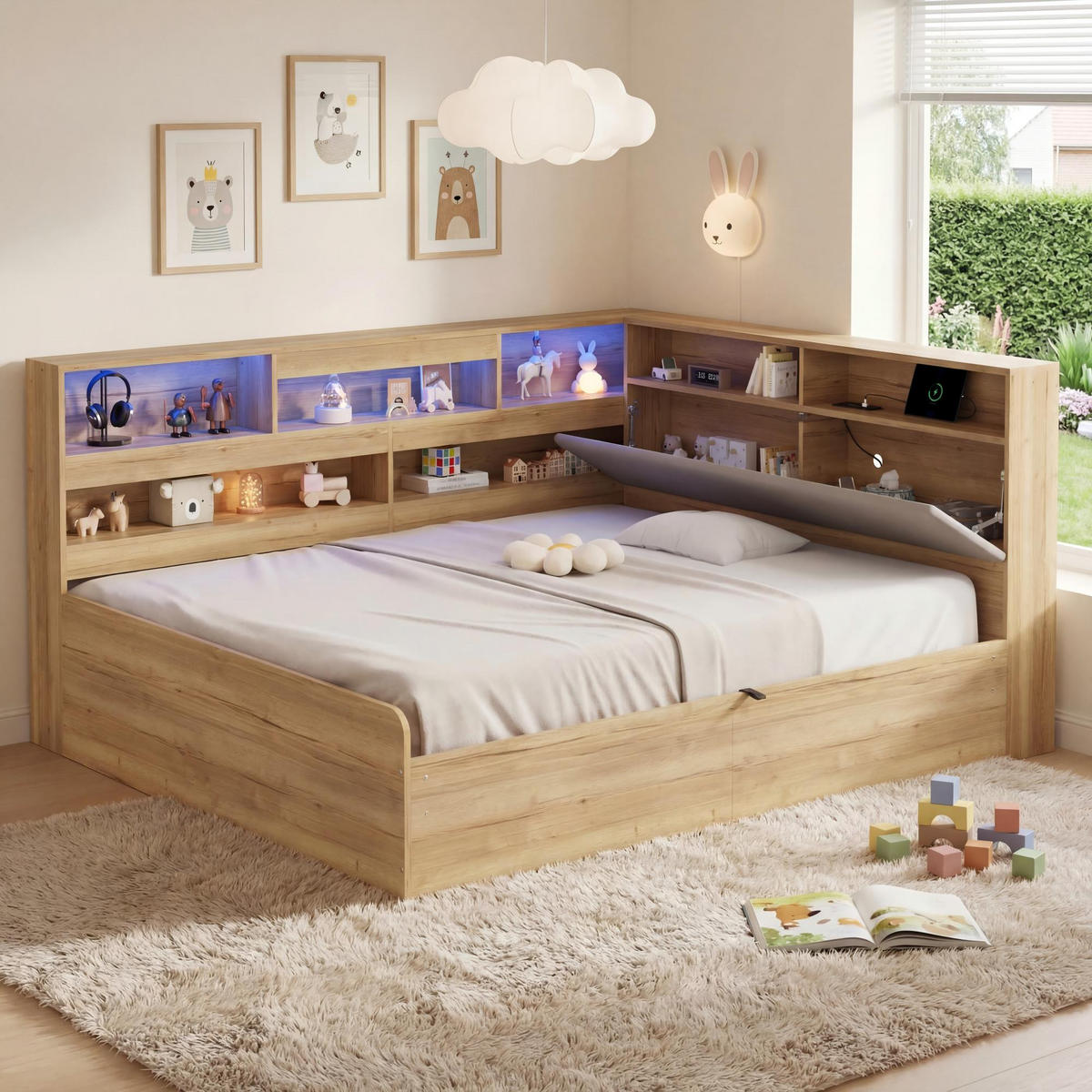 DAYBETT Natur 140x200 LED USB Hydraulik Stauraum Holz - Naturfarben, Holzwerkstoff (140/200cm) - FLIEKS