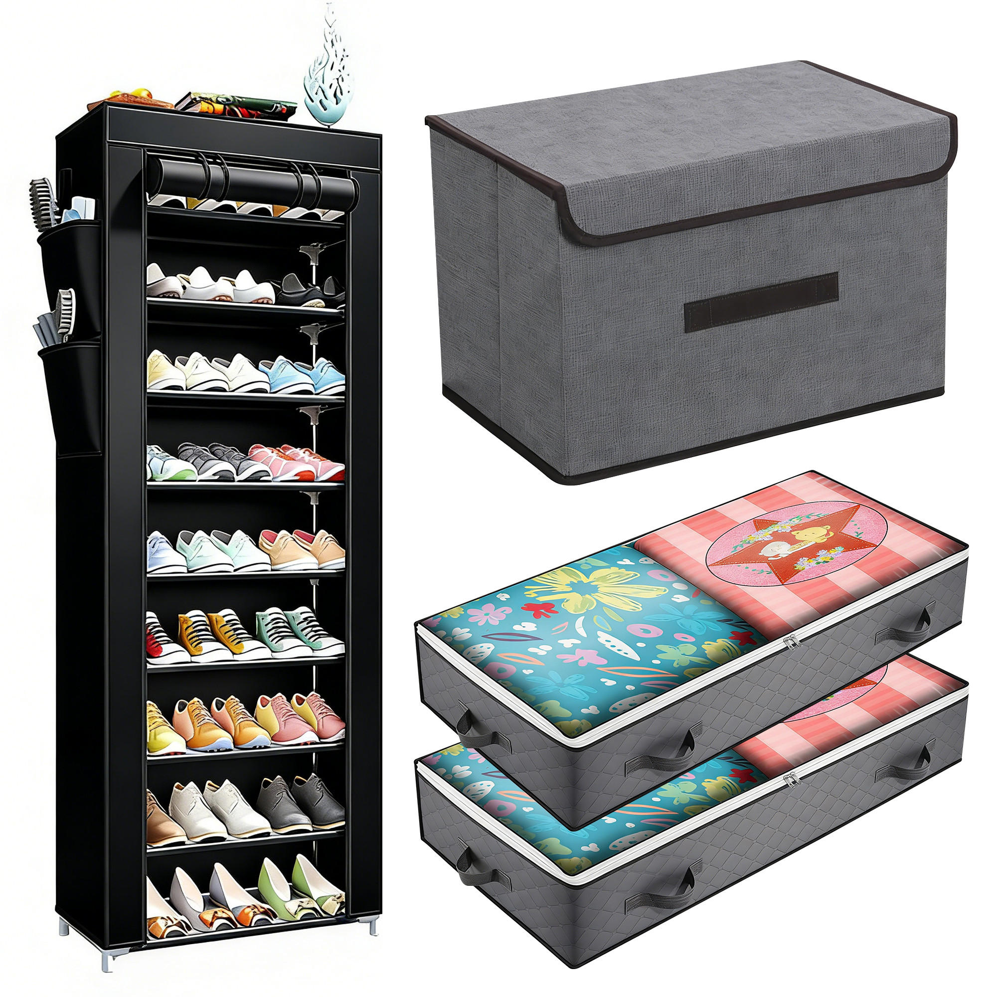 SCHUHSCHRANK faltbar, 10 Ebenen, 3 Boxen, 2 Schubladen, ideal für kleine Räume - Schwarz, Textil (50/158/30cm) - EuroLiving
