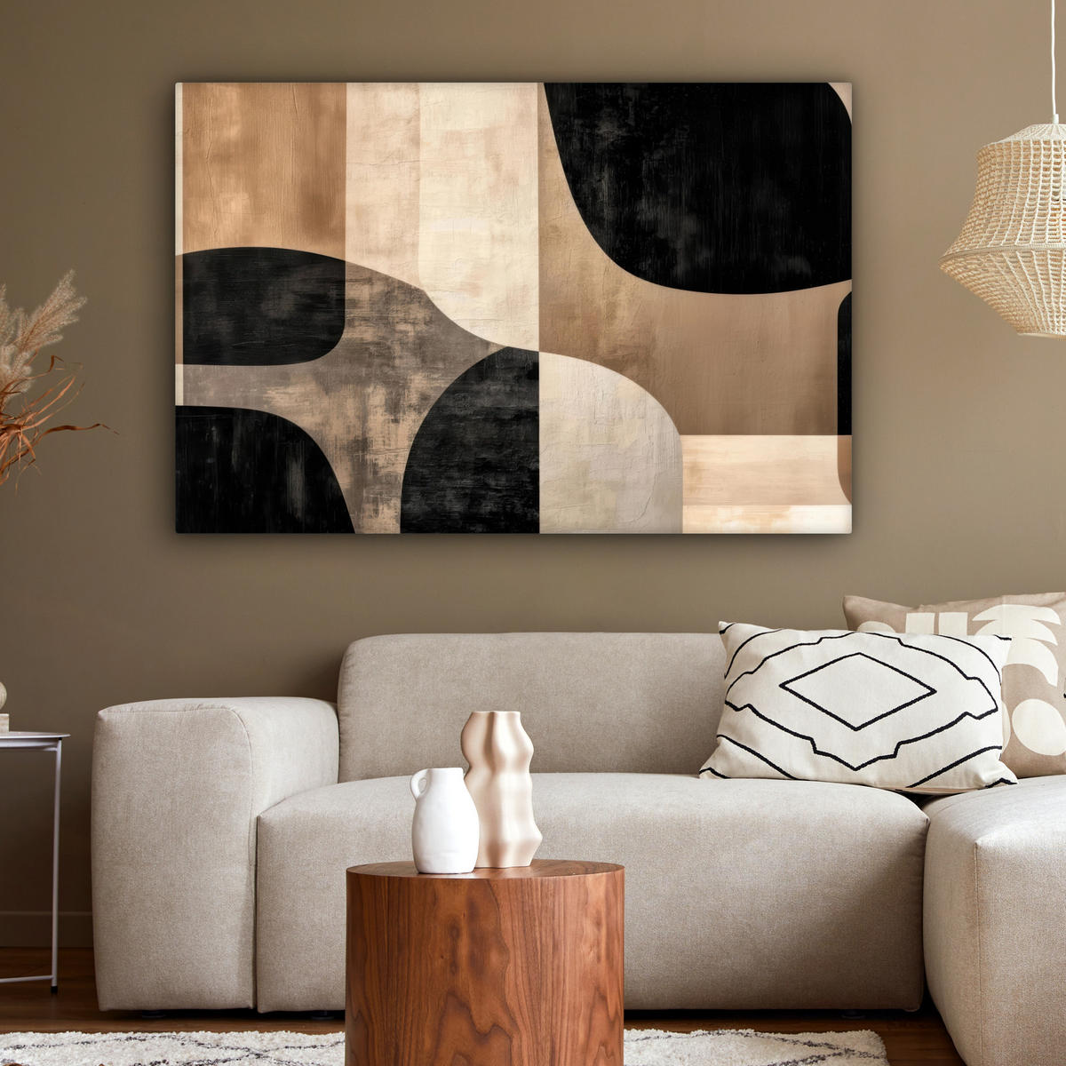 LEINWANDBILD Abstrakt - Flugzeuge - Schwarz - Rund Groß 140x90 cm - Beige, Textil (140/90cm) - MuchoWow