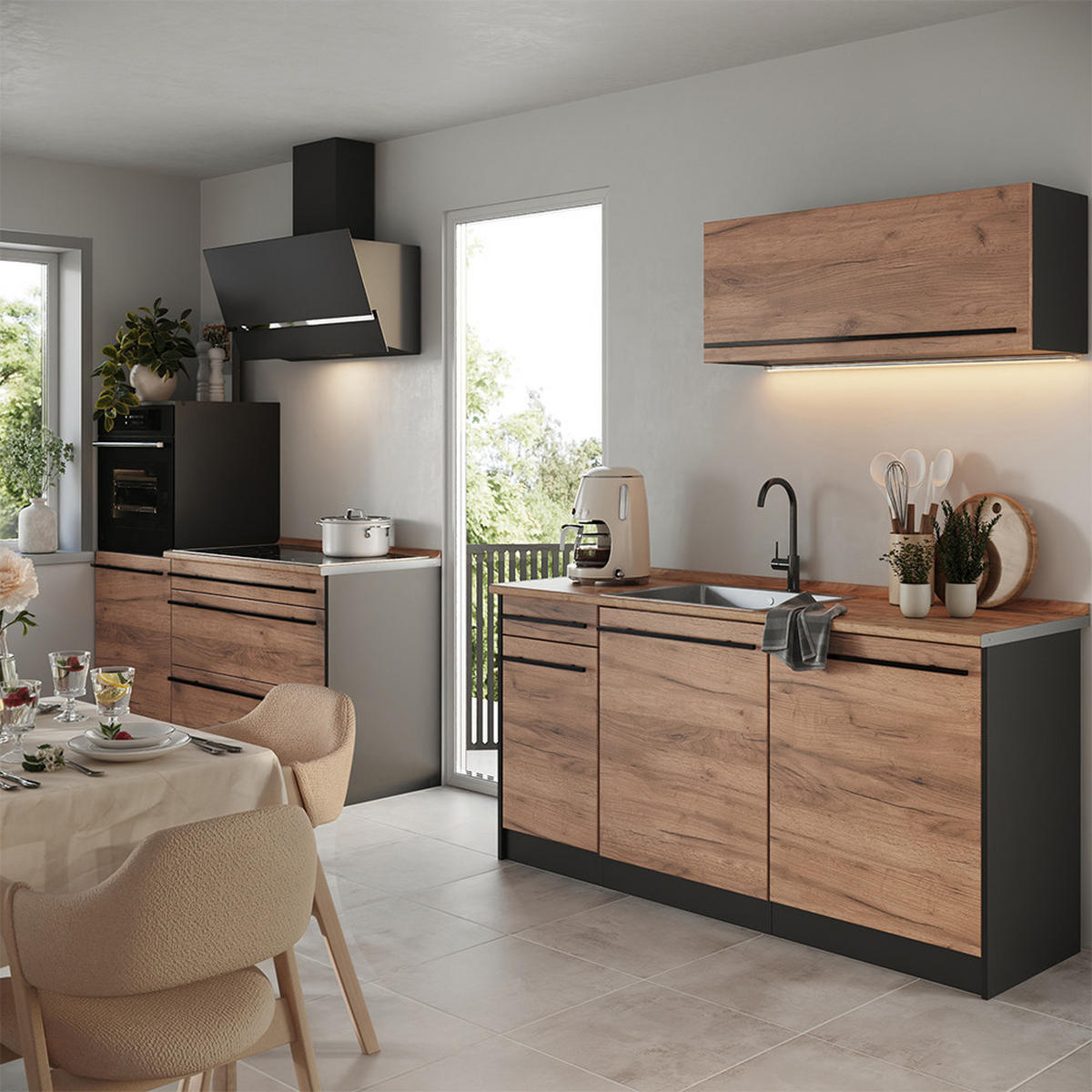 KÜCHENZEILE R-Line, Goldkraft Eiche/Anthrazit, 160 cm Arbeitsplatte Anthrazit - Honigeiche/Anthrazit, Holzwerkstoff (160/143/60cm) - Vicco