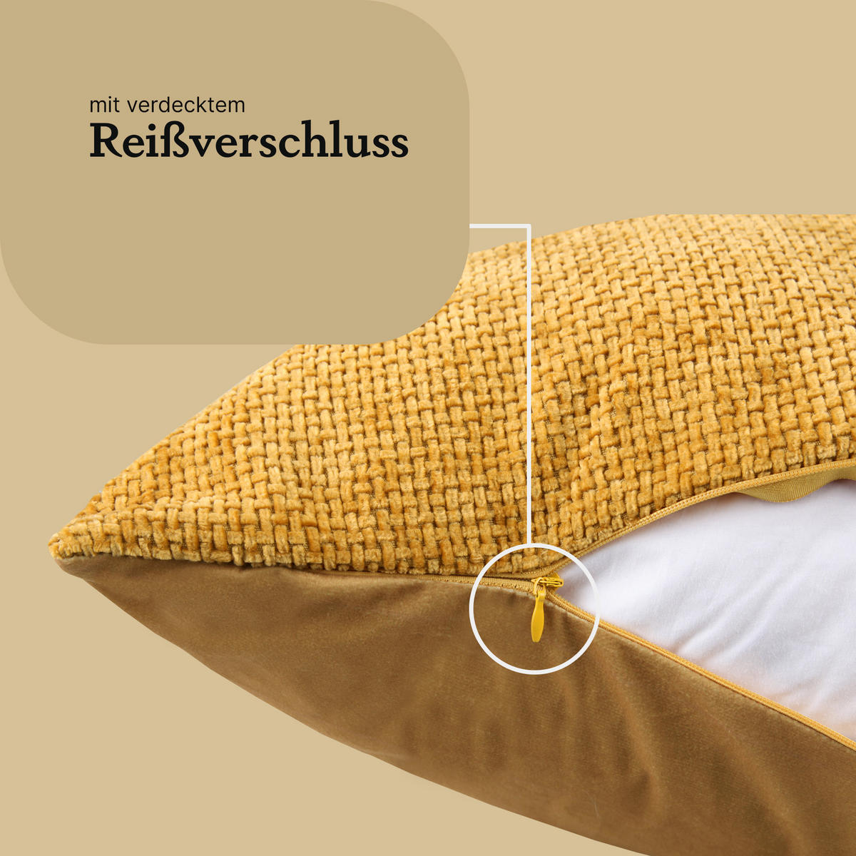 KISSENHÜLLE Chenille Cross 60 cm x 60 cm in Senf - Weiß, Textil (60/60cm) - Bestlivings