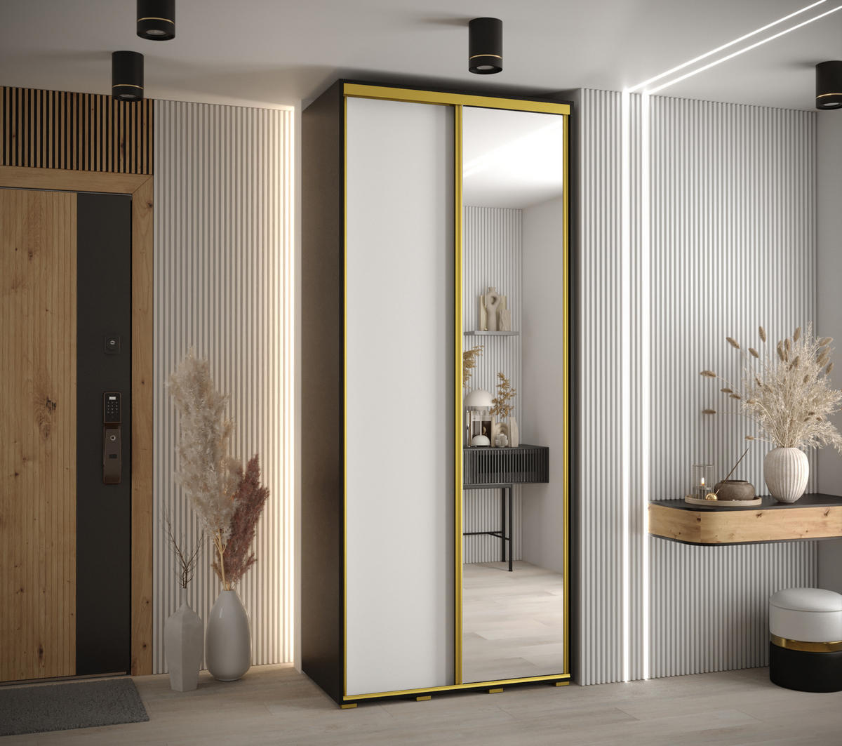 SCHWEBETÜRENSCHRANK 235,2/110/60 2-türig - Goldfarben/Schwarz, Holz/Metall (110/235/60cm) - Abiks Möbel