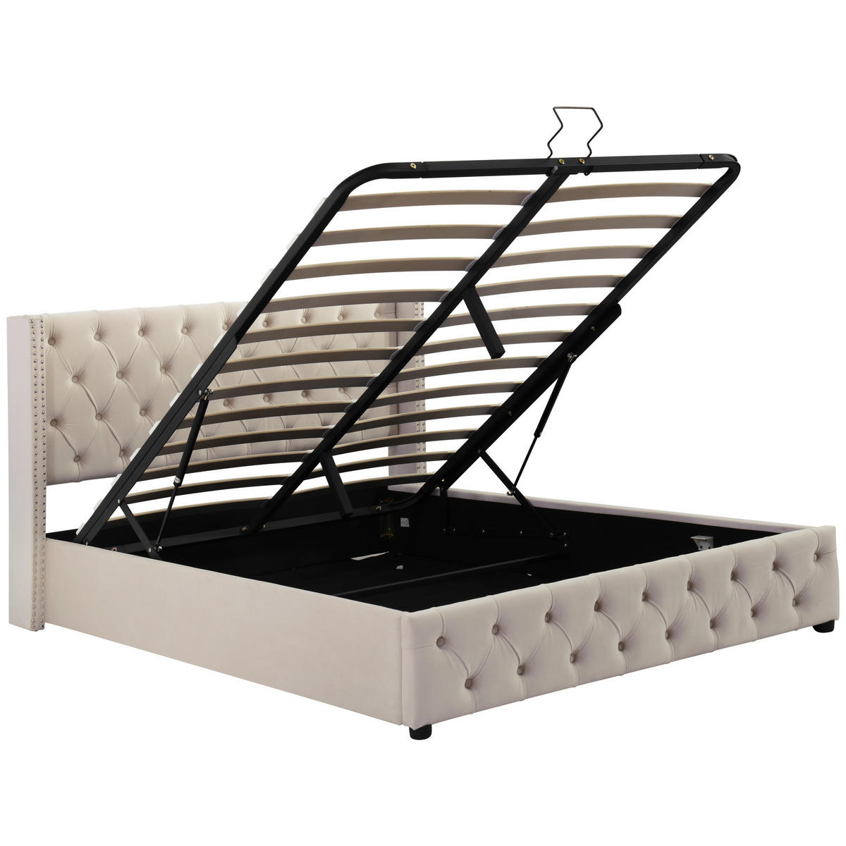 POLSTERBETT 140/200 cm beige mit hydraulischem Bettkasten und Chesterfield-Design - Beige, Textil (140/200cm) - OKWISH