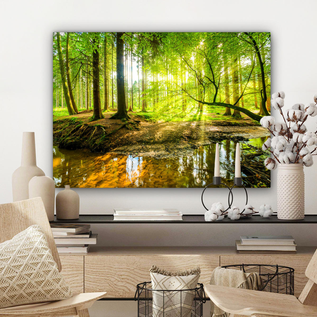 LEINWANDBILD Wald - Landschaft - Wasser - Bäume - Sonne - Grün - Natur Wandbilder 80x60 cm - Grün, Textil (80/60cm) - MuchoWow