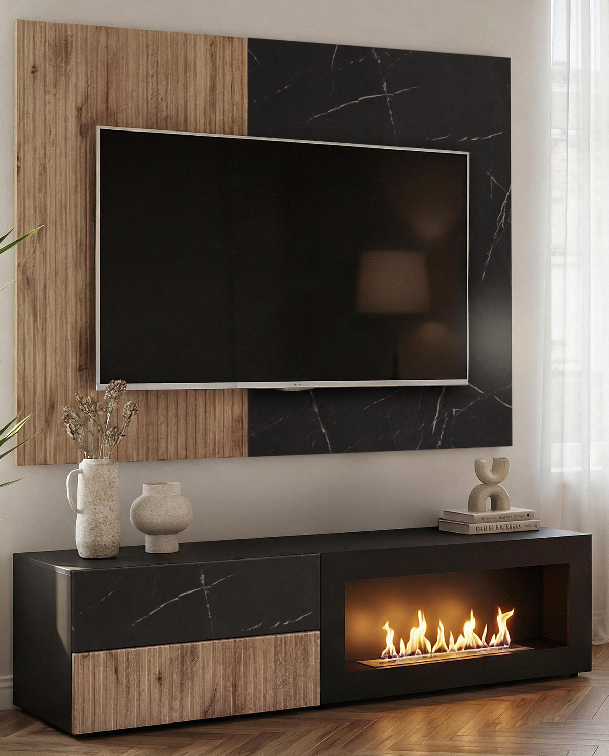 TV-LOWBOARD Eiche, Marmor schwarz 160 cm, TV Unterschrank Set mit Ethanol Kamin - Eichefarben/Schwarz, Holzwerkstoff/Kunststoff (160/180/45cm) - Inn.Furn