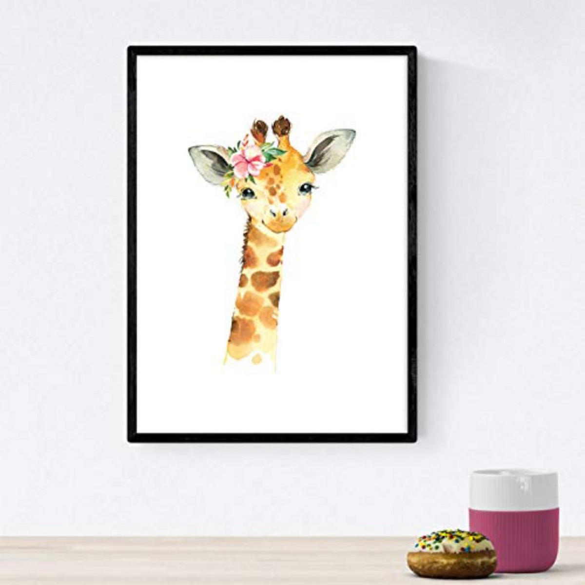 POSTER Set mit 4 Girafa Affe Nashorn und Erdmännchen A4 Schwarzer Rahmen - Schwarz, Papier (29.7/3cm) - Nacnic