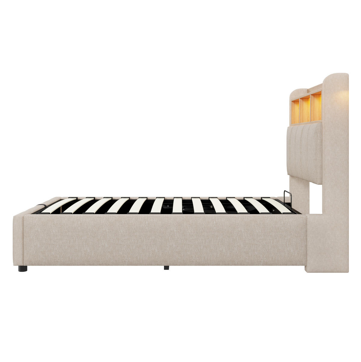 POLSTERBETT 90/200 cm Beige aus Leinenstoff mit LED-Beleuchtung und Stauraum - Beige, Textil (90/200cm) - OKMYHOME