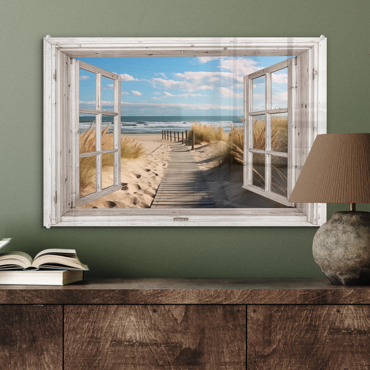 ACRYLGLASBILD Fenster - Meer - Küste - Natur - Ausblick - Strand - Wattenmeer 60x40 cm - Beige, Glas (60/40cm) - MuchoWow