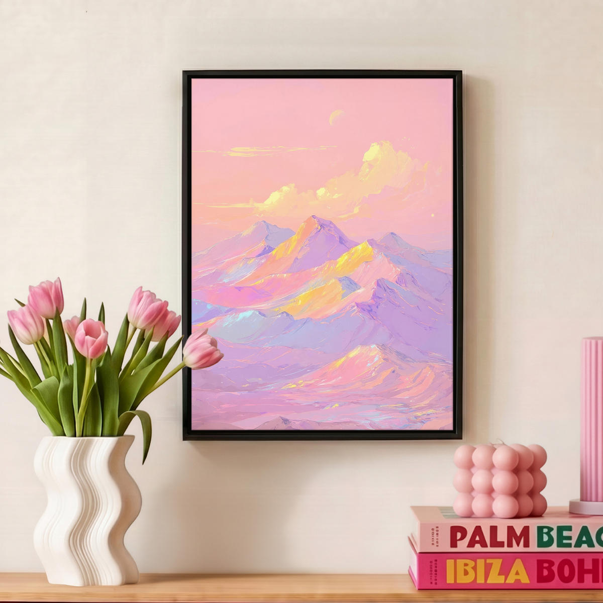 LEINWAND Bilder mit Rahmen - Berggipfel - Wolken - Verträumt - 30x40 - Hellrosa, Textil (30/40cm) - MuchoWow