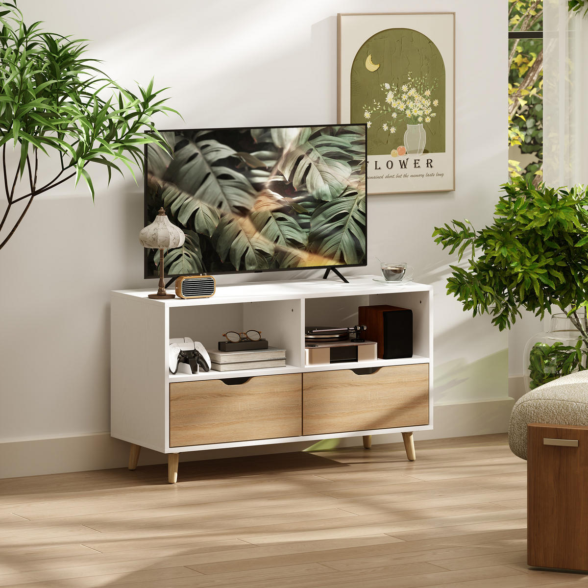 TV-SCHRANK Lowboard mit 2 Ablage, Schublade, Weiß - Weiß, Holzwerkstoff (99/58.3/39cm) - HOMCOM