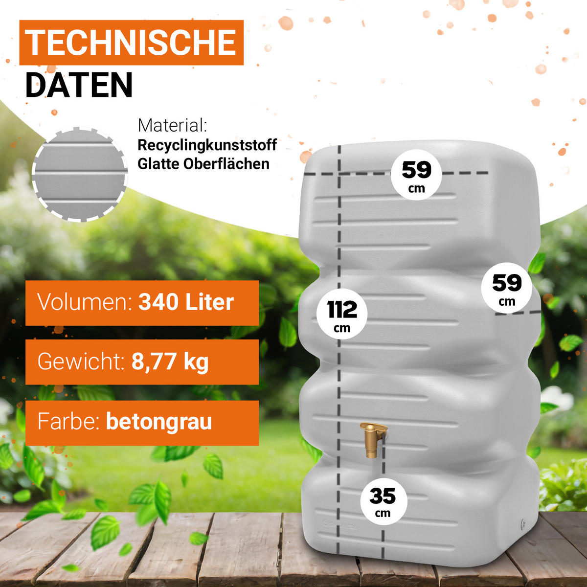 GARTENTANK Komplett-Set 340 L, betongrau inkl. Kunststoff-Auslaufhahn und Fallrohranschluss - Grau, Kunststoff (59/112/59cm) - GARANTIA