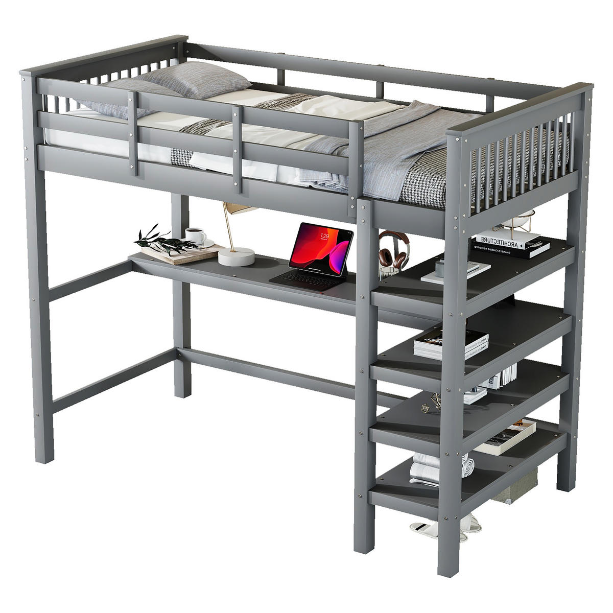 HOCHBETT 90x200cm Grau Kinderhochbett Ablagefächer Schreibtisch - Grau, Holz (90/200cm) - FLIEKS