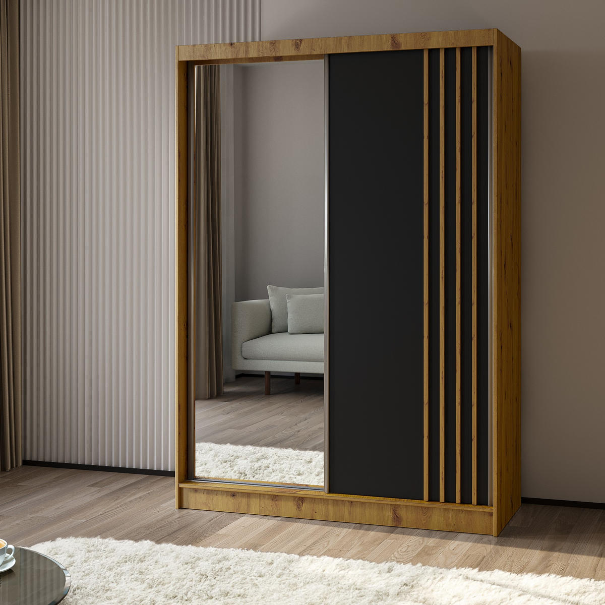 SCHWEBETÜRENSCHRANK NELVIA 150/216/61 cm 2-türig mit Spiegel Eiche Artisan - Schwarz/Eiche Artisan, Holzwerkstoff (150/216/61cm) - MASSENO