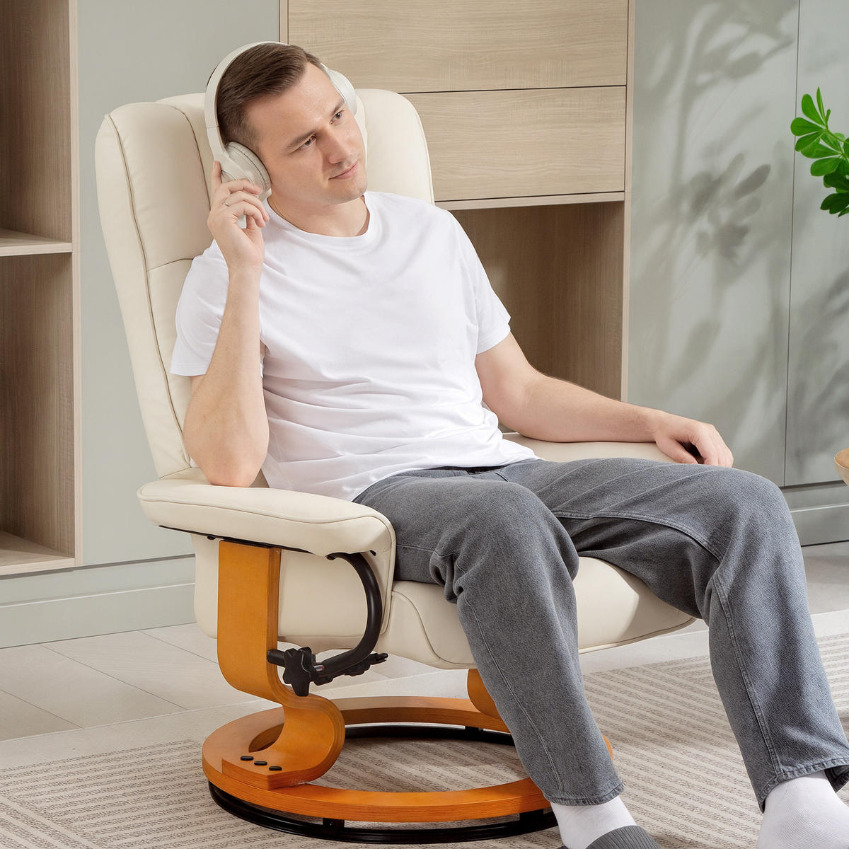 RELAXSESSEL DE-17407 130° neigbar, 360° drehbar mit Fußstütze Creme - Creme, Holz (85/104/76cm) - ComfortXL