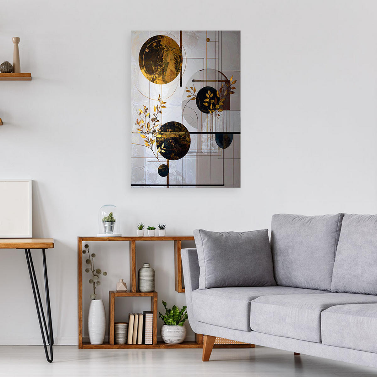 BILD auf Leinwand, Geometrische Abstraktion: Kreise und Blätter in Beige - Weiß, Textil (80/120cm) - Feeby