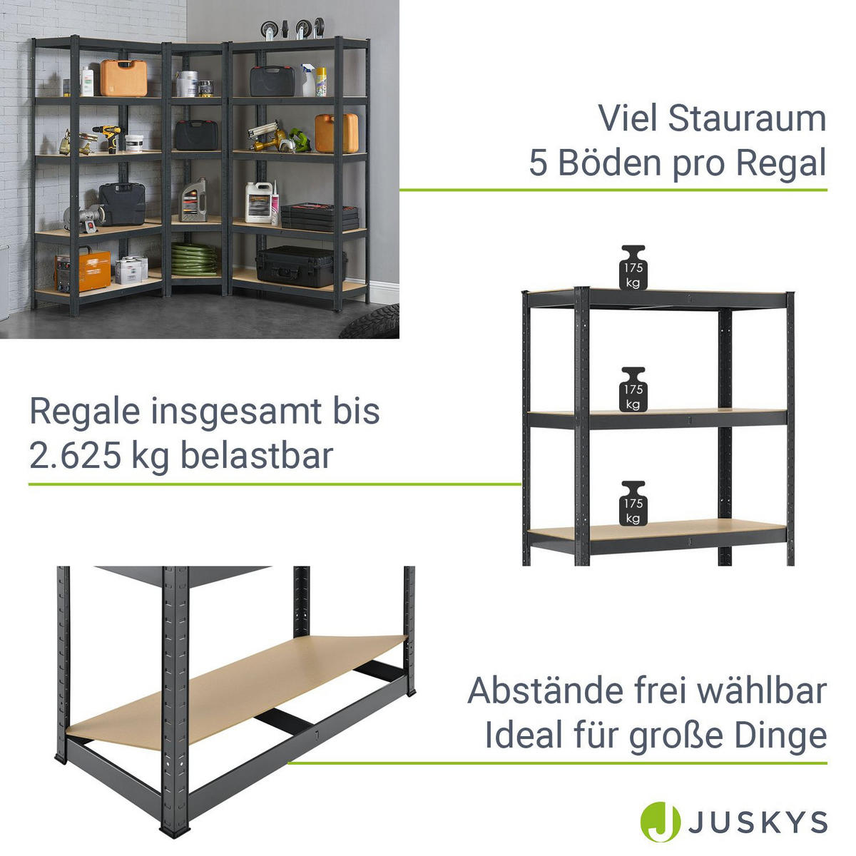 REGALSYSTEM Basic grau insgesamt 15 Böden (3er-Set) - Grau, Metall (160/180/160cm) - Juskys