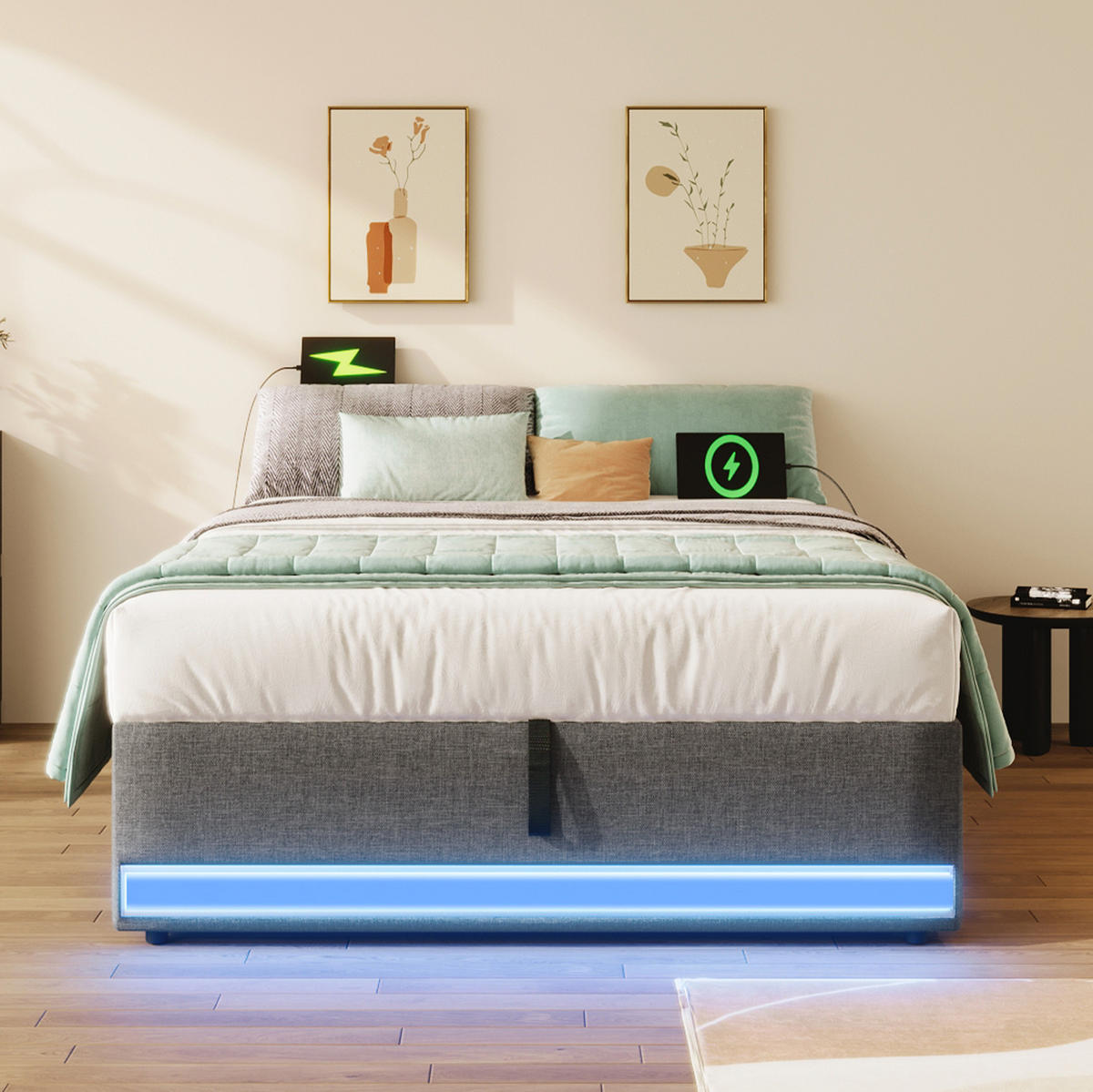 POLSTERBETT aus Leinen 90x200 cm Grau mit LED-Leiste, USB-C und hydraulischem Stauraum - Grau, Textil (90/200cm) - IVMEU