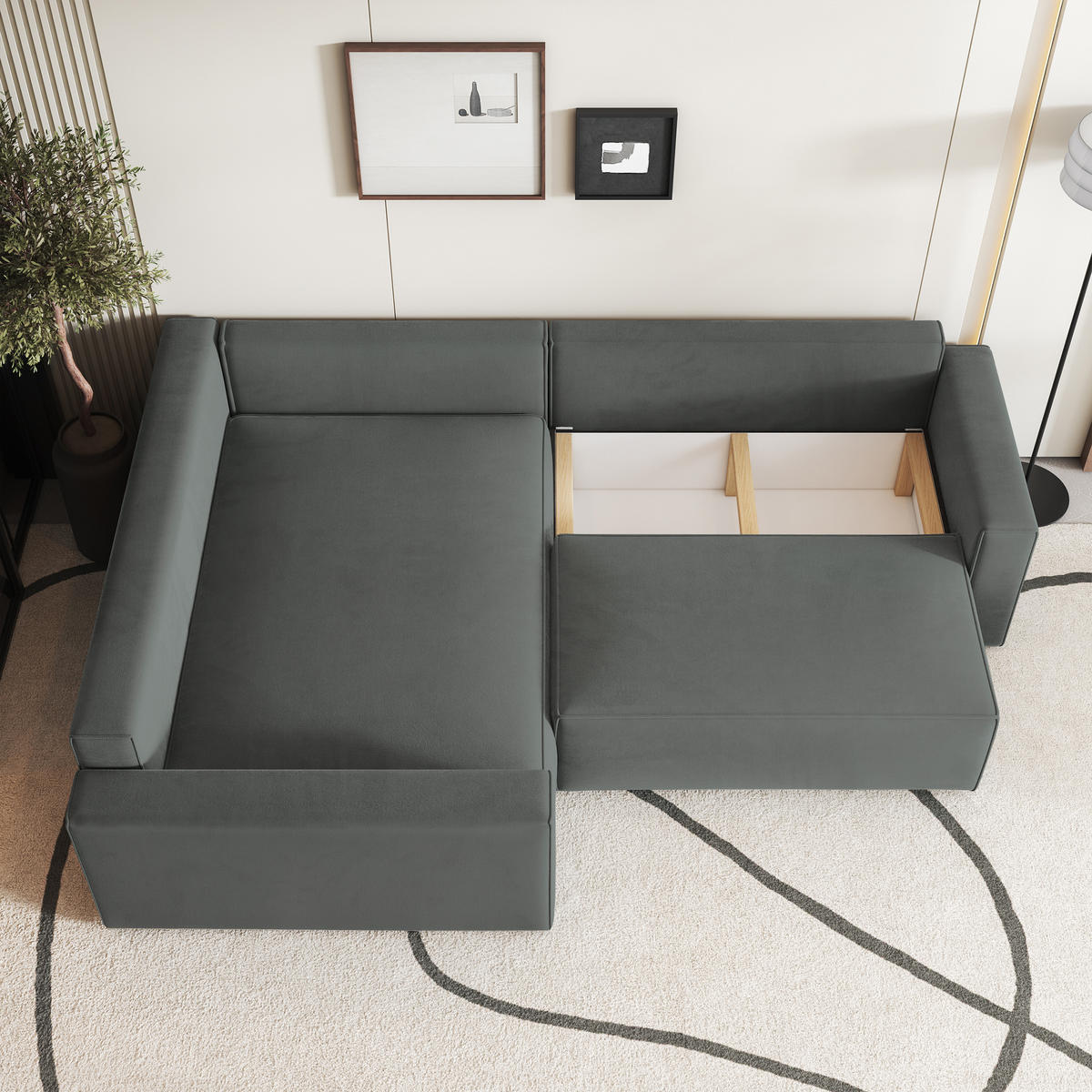 ECKSOFA ERONIS L-S Grau Velours-Stoff mit Schlaffunktion - Grau, Holz (265/194cm) - MASSENO