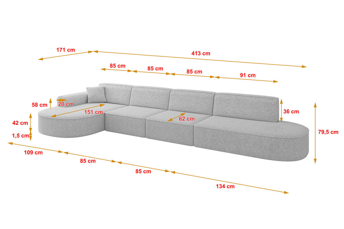 ECKSOFA Ottomane Links MARI-L3 - 413x171x79 cm Grau Tissu - Schwarz/Grau, Holzwerkstoff/Kunststoff (413/171cm) - ALTDECOR