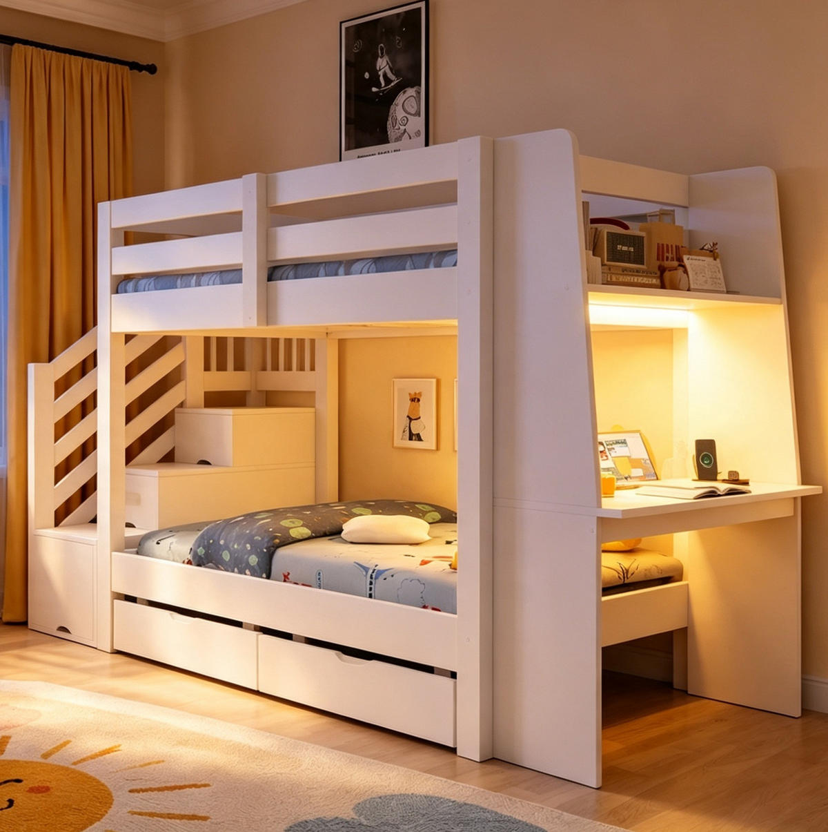 HOCHBETT aus Holz 90x200 cm Weiß mit Stauraumtreppe, Schreibtisch, LED-Beleuchtung und Schubladen - Weiß, Holz (90/200cm) - Modfu