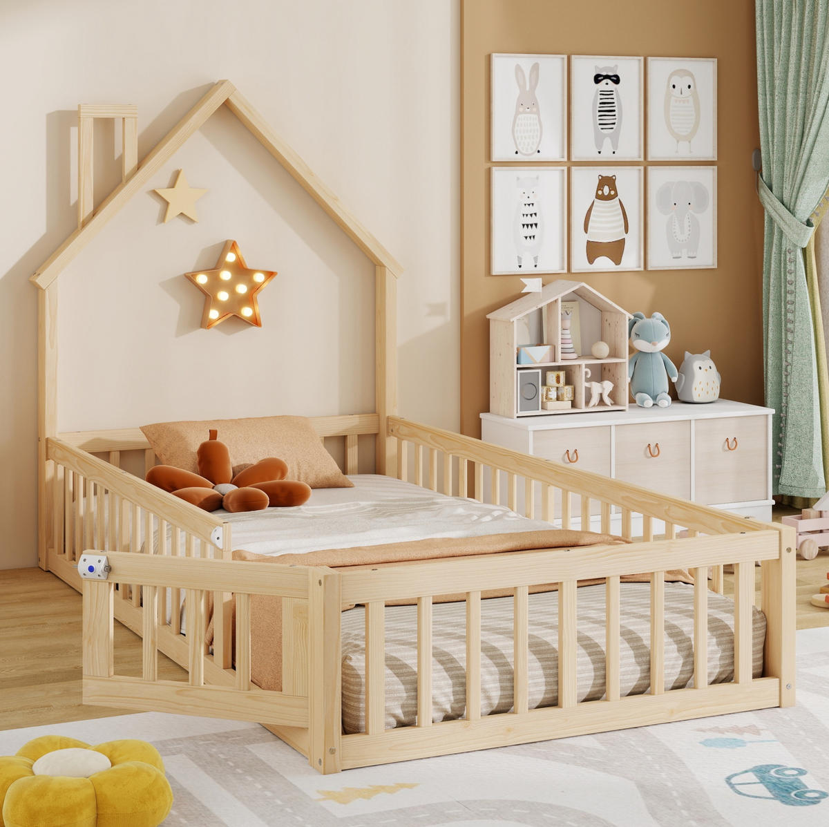 HAUSBETT 90/200 cm aus Kiefernholz mit Sicherheitsgitter und Schornsteinform - Naturfarben, Holzwerkstoff (90/200cm) - Flora Grace