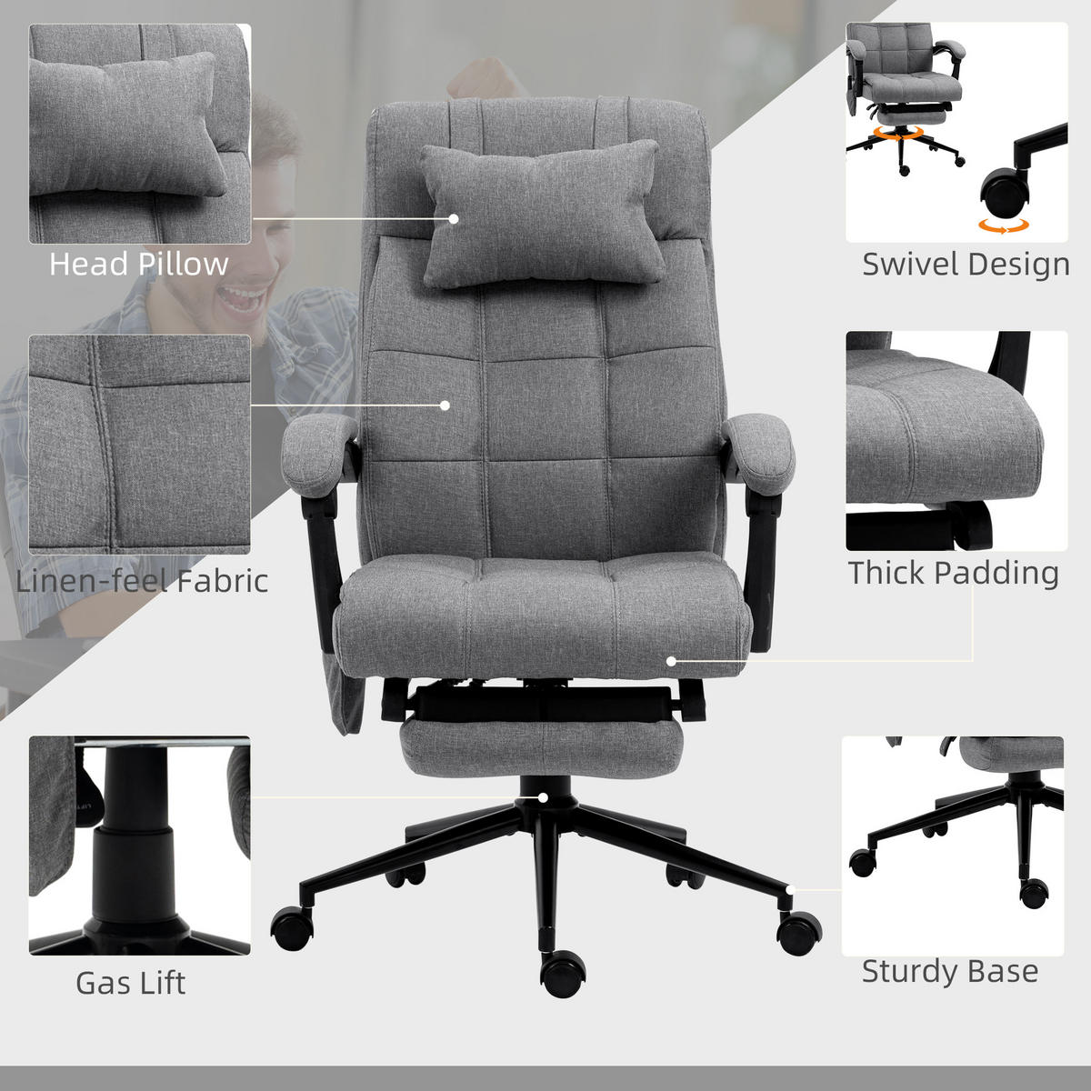 BÜROSTUHL mit Massagefunktion, Ergonomisch Schreibtischstuhl mit Lendenheizung - Grau, Kunststoff (76/124/66cm) - Vinsetto