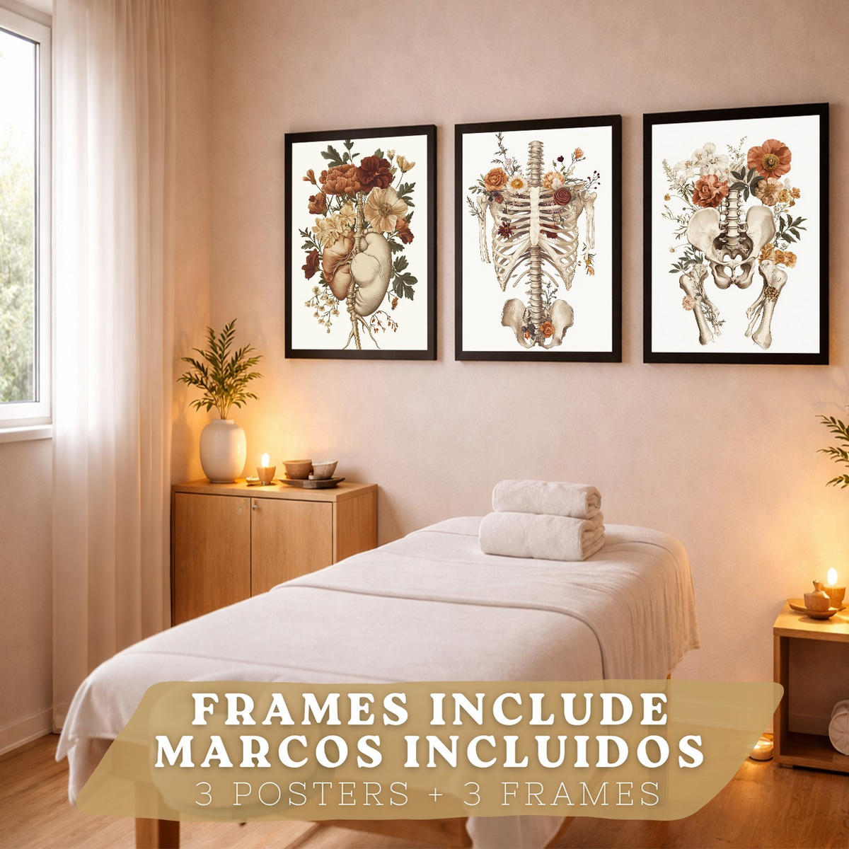 POSTER Set aus 3 Anatomie Mensch Florale Vintage Drucke und Wandbilder mit Herz Brustkorb und Becken Wanddekoration Größe Schwarzer Rahmen A4 - Schwarz, Papier (21/29.7/3cm) - Nacnic