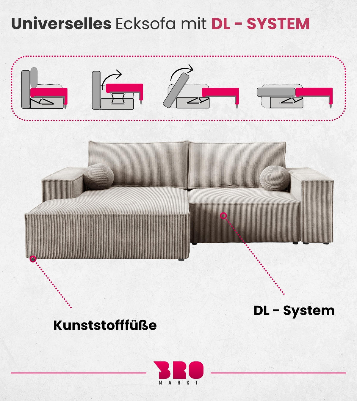 ECKSOFA Pablo Mini mit Schlaffunktion Beige Cord - Beige, Textil (255/148cm) - Bromarkt