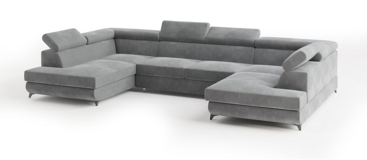 WOHNLANDSCHAFT VINTESSA Hellgrau Velours-Stoff mit Schlaffunktion - Hellgrau, Holz (323/89/190cm) - MASSENO