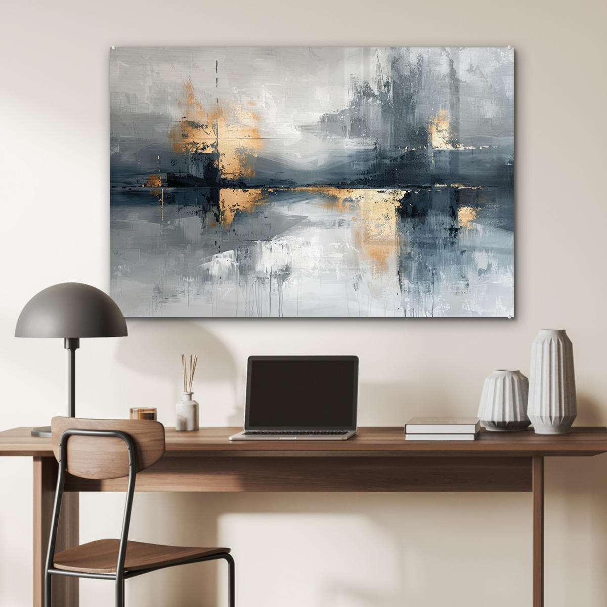 ACRYLGLASBILD Kunst - Grau - Gold - Abstrakt 90x60 cm - Dunkelgrau, Glas (90/60cm) - MuchoWow