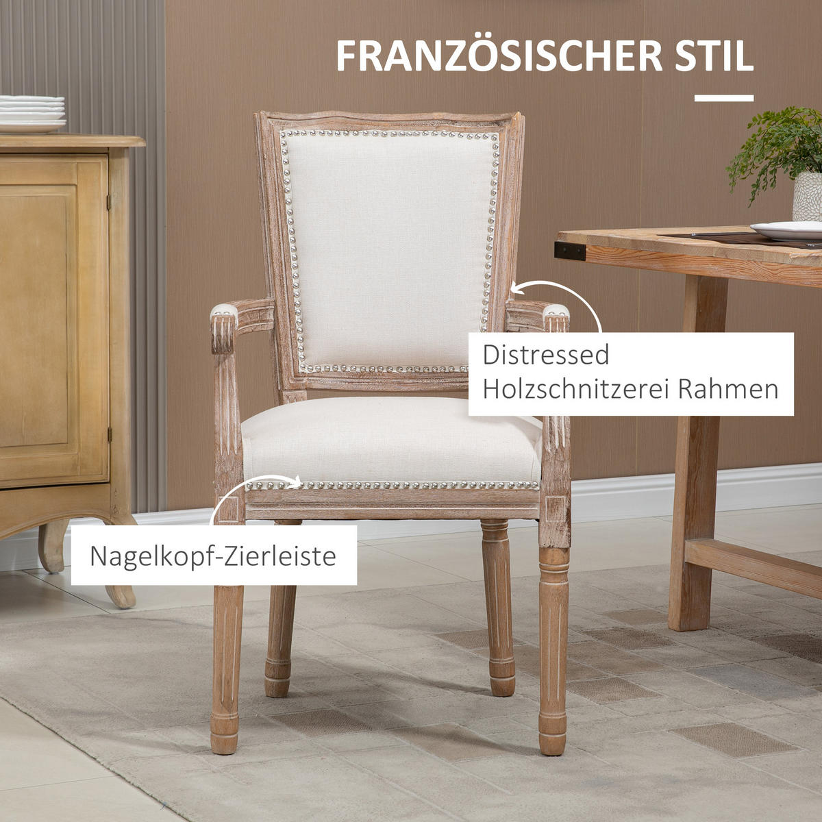 ESSZIMMERSTUHL Küchenstuhl mit Armlehne im Vintage Design Leinen Optik - Creme, Holz (63.5/96/59cm) - HOMCOM