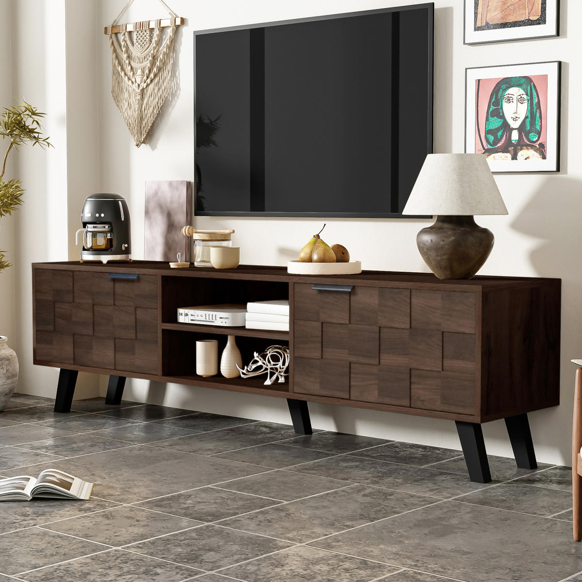 TV ormarić 160,5/35,5/45 cm boja drveta od iverice s 2 vrata i 2 otvorena pretinca - smeđa, drvni materijal (160.5/45/35.5cm) - OKWISH