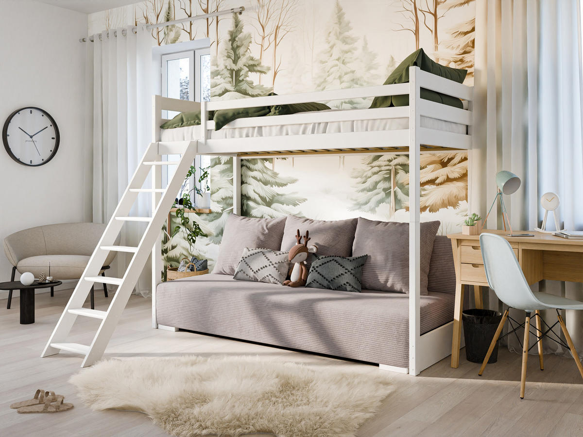HOCHBETT mit Schlafsofa 200x140 cm in weiß und graufarben - Weiß/Grau, Holz (140/200cm) - Kids Collective