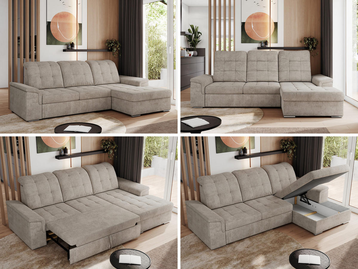 ECKSOFA MADRITO L - Beige Struktur - Rechts - Beige/Silberfarben, Textil/Metall (256/160cm)