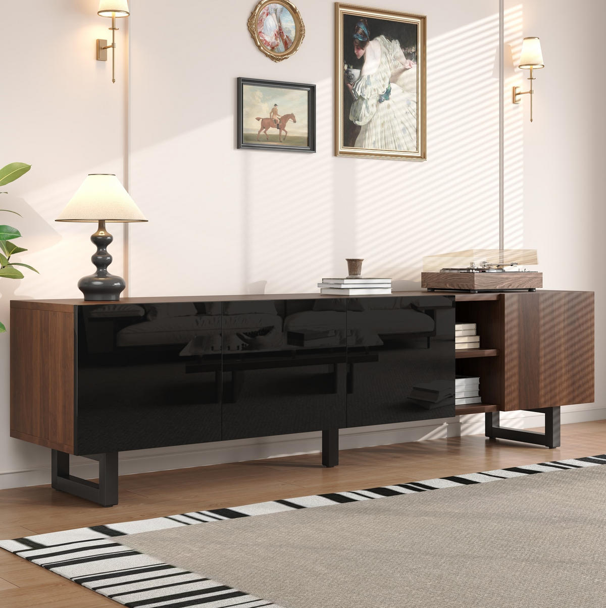 TV-SCHRANK in Schwarz Hochglanz und Natur mit 4 Türen 180/38/50 cm - Schwarz, Holzwerkstoff (180/50/38cm) - Redom