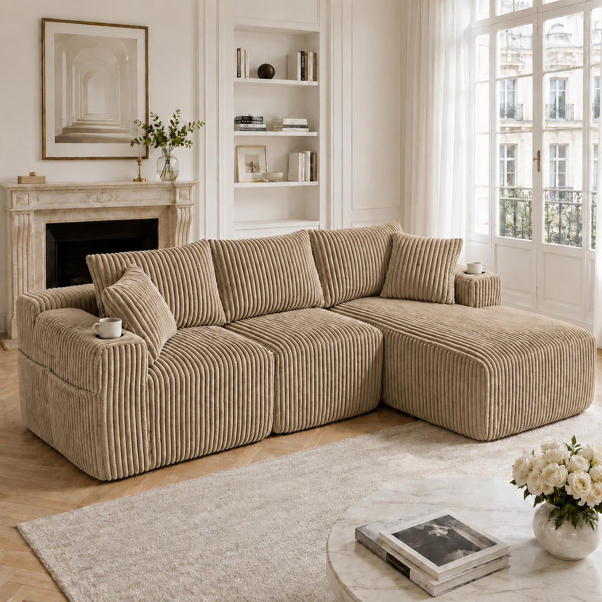 ECKSOFA DE-33671 modular mit Chaiselongue Khaki - Sandfarben, Metall (257/160cm) - ComfortXL