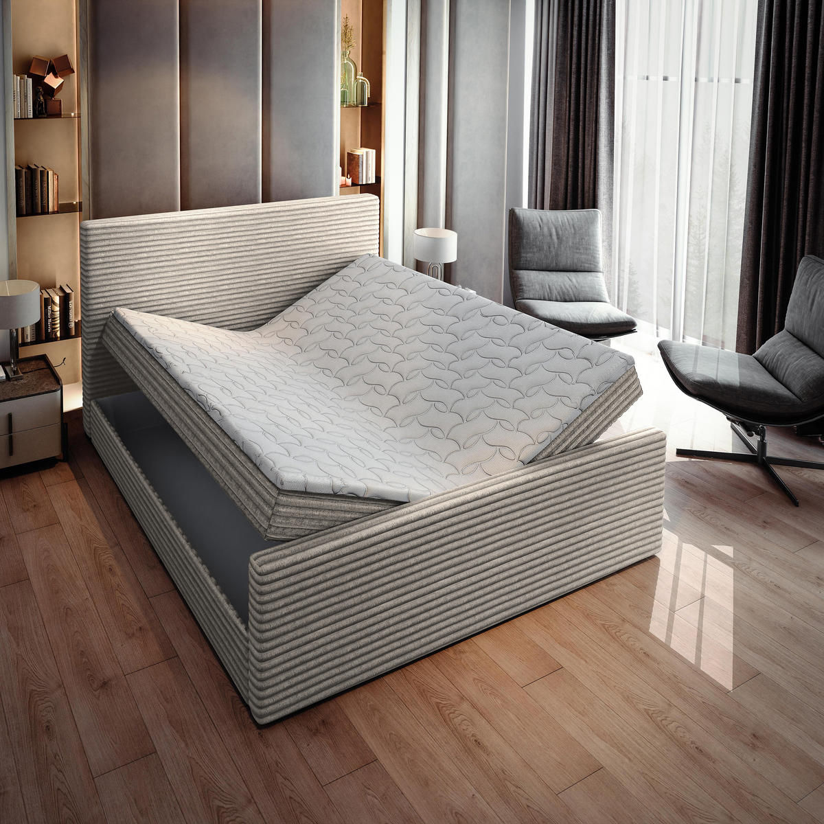 BOXBETT BRENTO 140x200 cm mit Matratze und Topper - Hellgrau - Hellgrau, Holz (140/200cm) - MASSENO