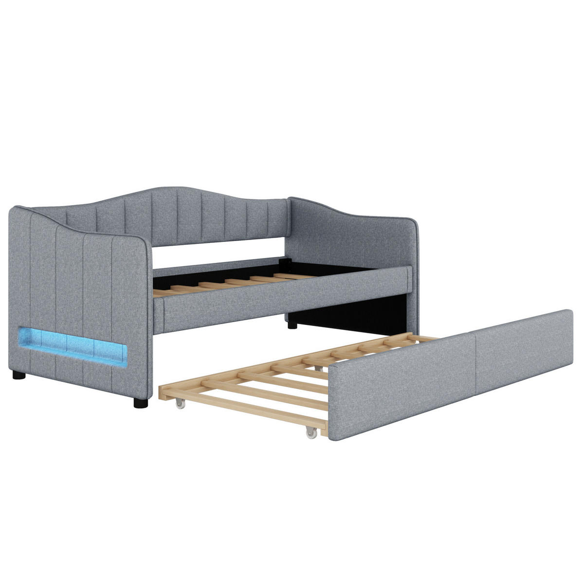 KREVET 90/200 cm s izvlačnim pomoćnim ležajem, LED osvjetljenjem i minimalističkim dizajnom, Siva - siva, tekstil (90/200cm) - Redom