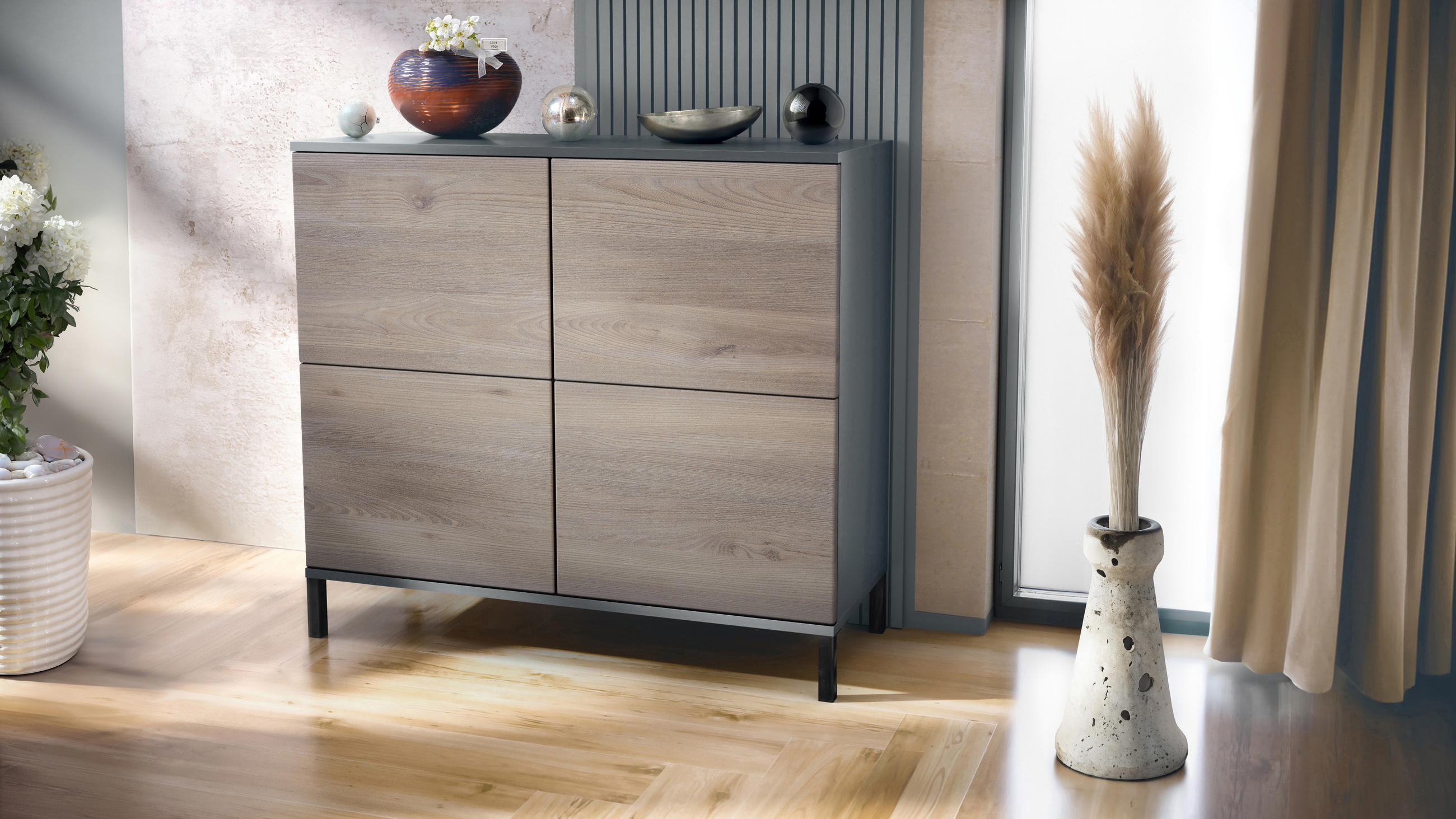 KOMMODE Rova Eiche Nordic - Silbereichenfarben, Holzwerkstoff (92.5/83.5/35cm) - Vladon