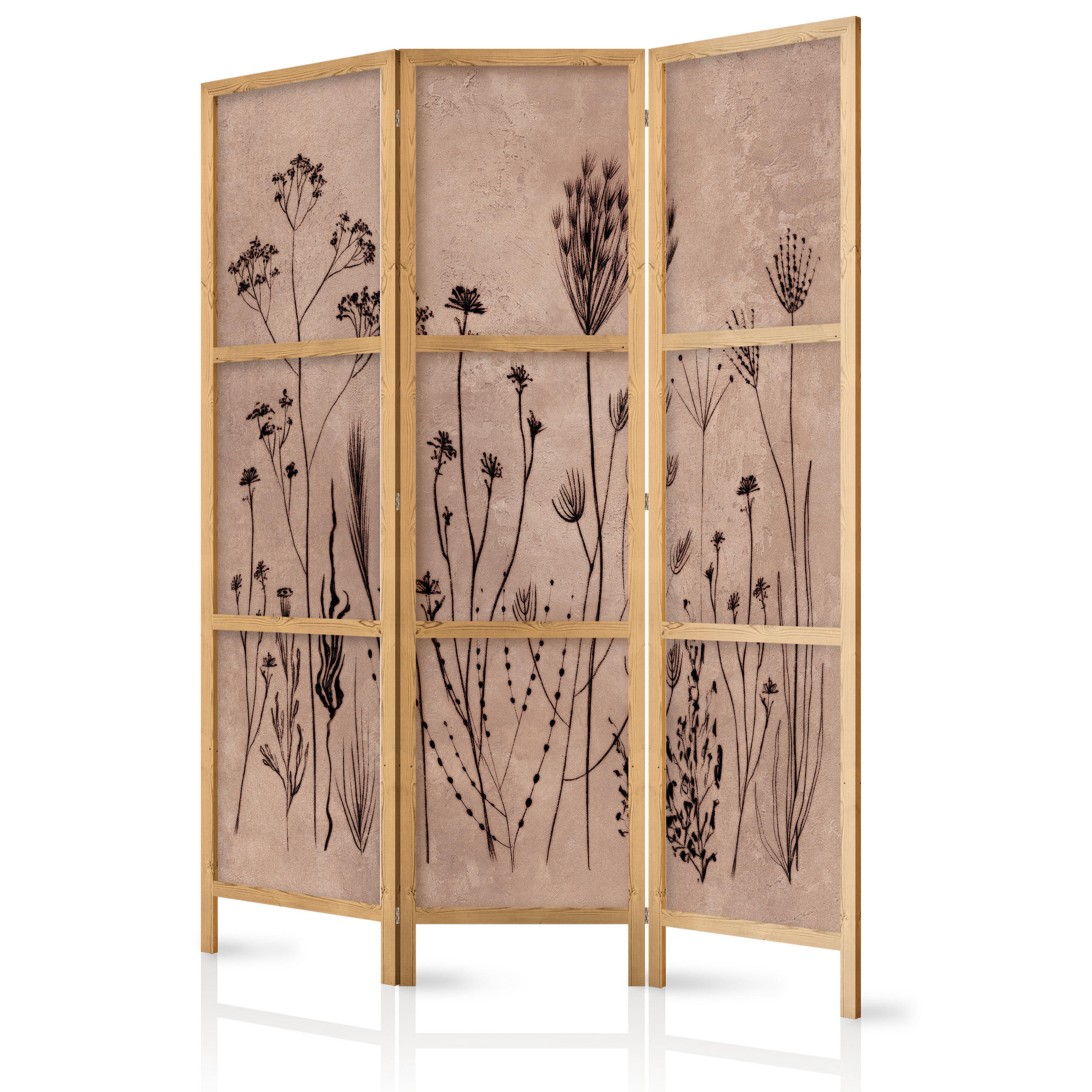 PARAVENT Japanischer 3-tlg 135x172 cm Retro Pflanzen - Braun, Holz/Textil (135/172/3cm) - Muralo