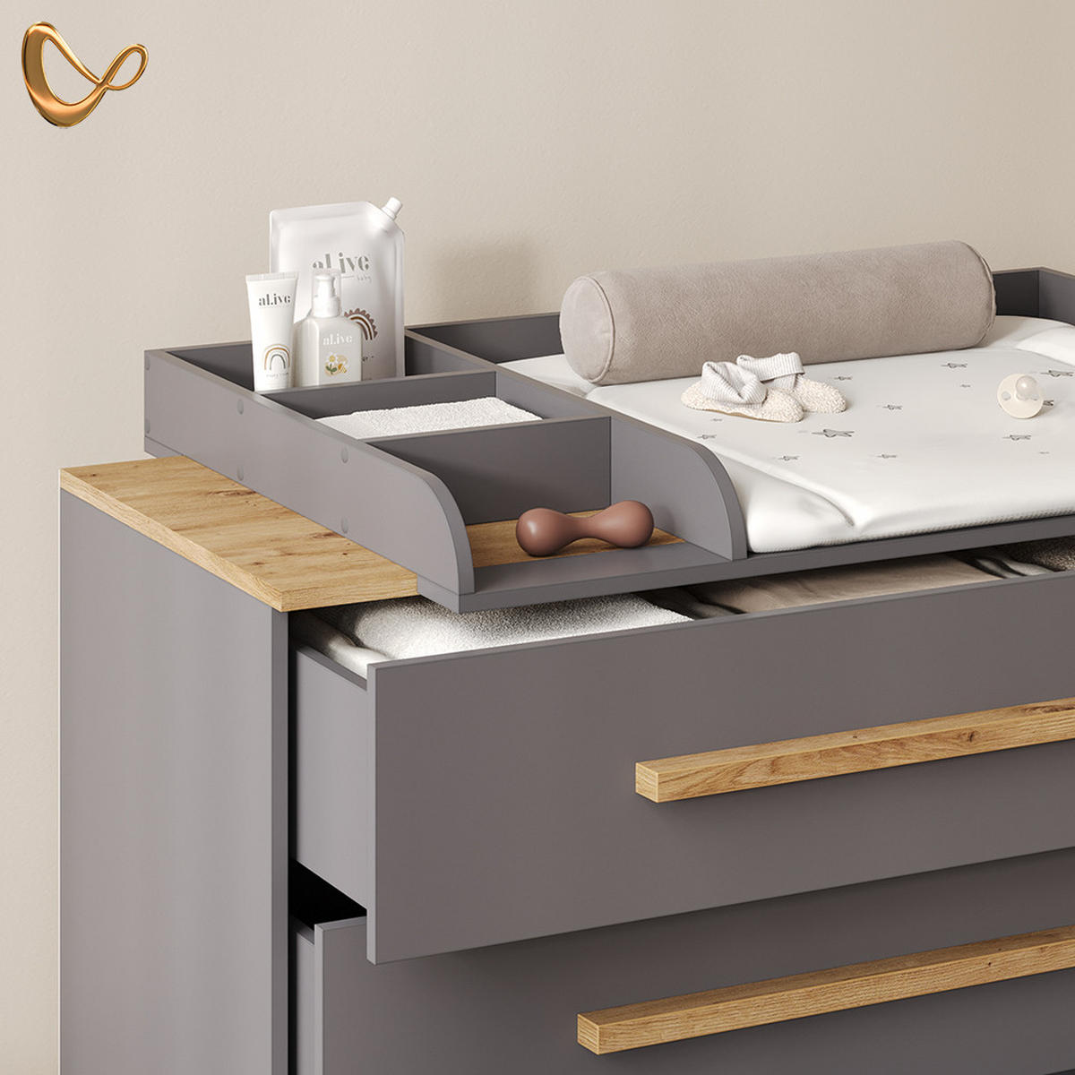 WICKELKOMMODE Mailo Grau/Artisan XL mit 3 Schubladen - Eiche Artisan/Grau, Holzwerkstoff (133/98/70cm) - Livinity®