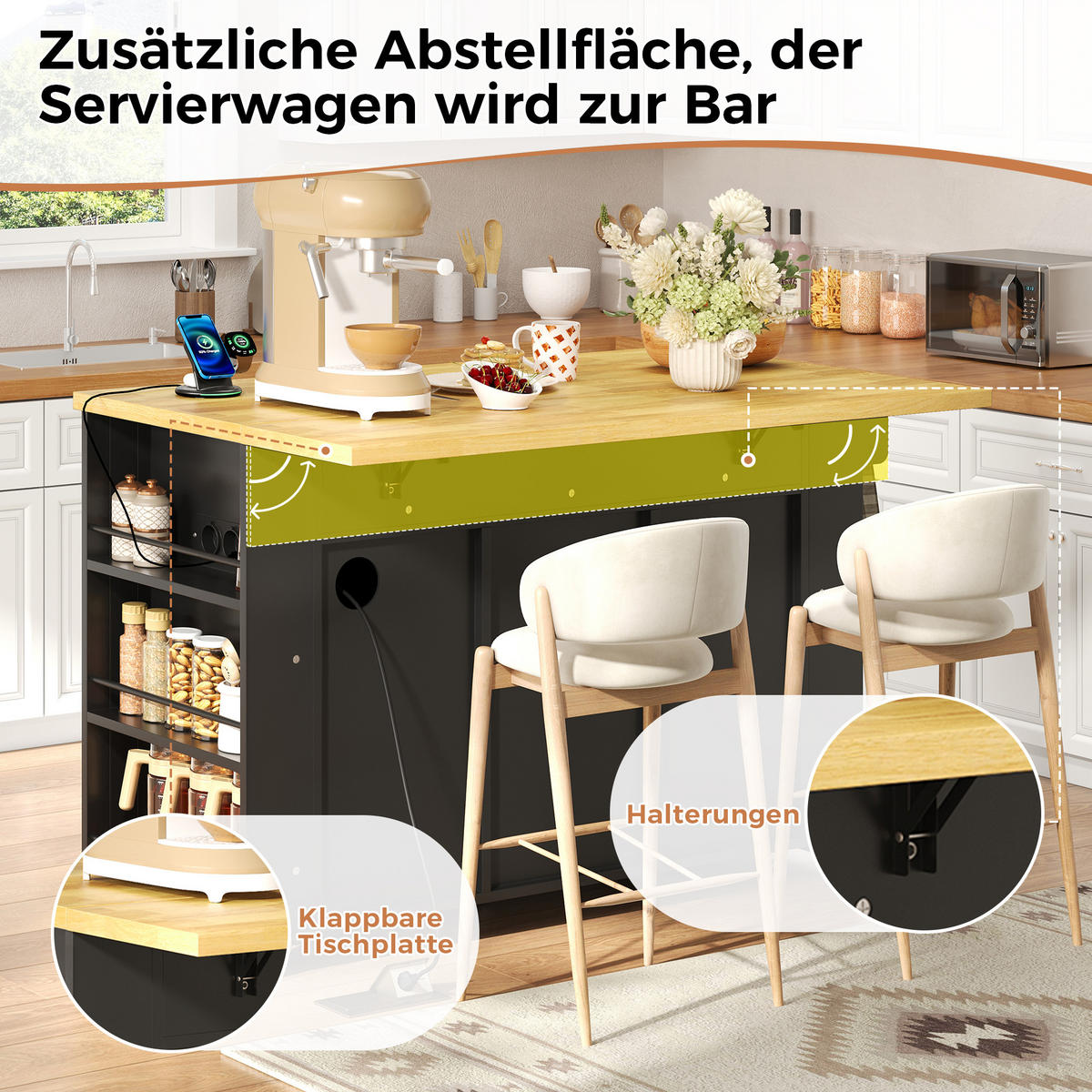 KÜCHENINSEL 130/50/87 cm Schwarz mit ausklappbarer Arbeitsplatte, 3-stufigem Ablageregal und 3 Schubladen - Schwarz, Holz/Holzwerkstoff (80/87/130cm) - Oxeza