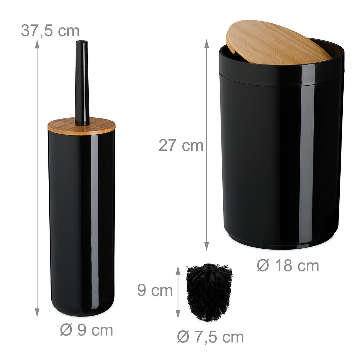 BADEZIMMER-SET 7-tlg. - Schwarz, Holz/Kunststoff (18/27/18cm) - Relaxdays