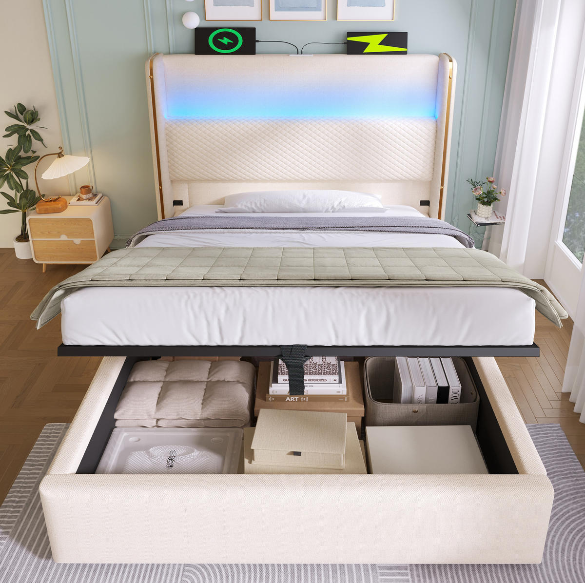 ČALÚNENÁ posteľ z ľanu 90x200 cm béžová s vysokým čelom, LED osvetlením, USB/Type-C a úložným priestorom - béžová, textil (90/200cm) - Modfu