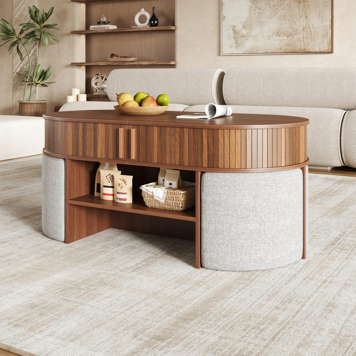 COUCHTISCH Oval Stauraum Rillenoptik mit Hockern Modern - Walnussfarben, Holzwerkstoff (60/120/51.5cm) - FLIEKS