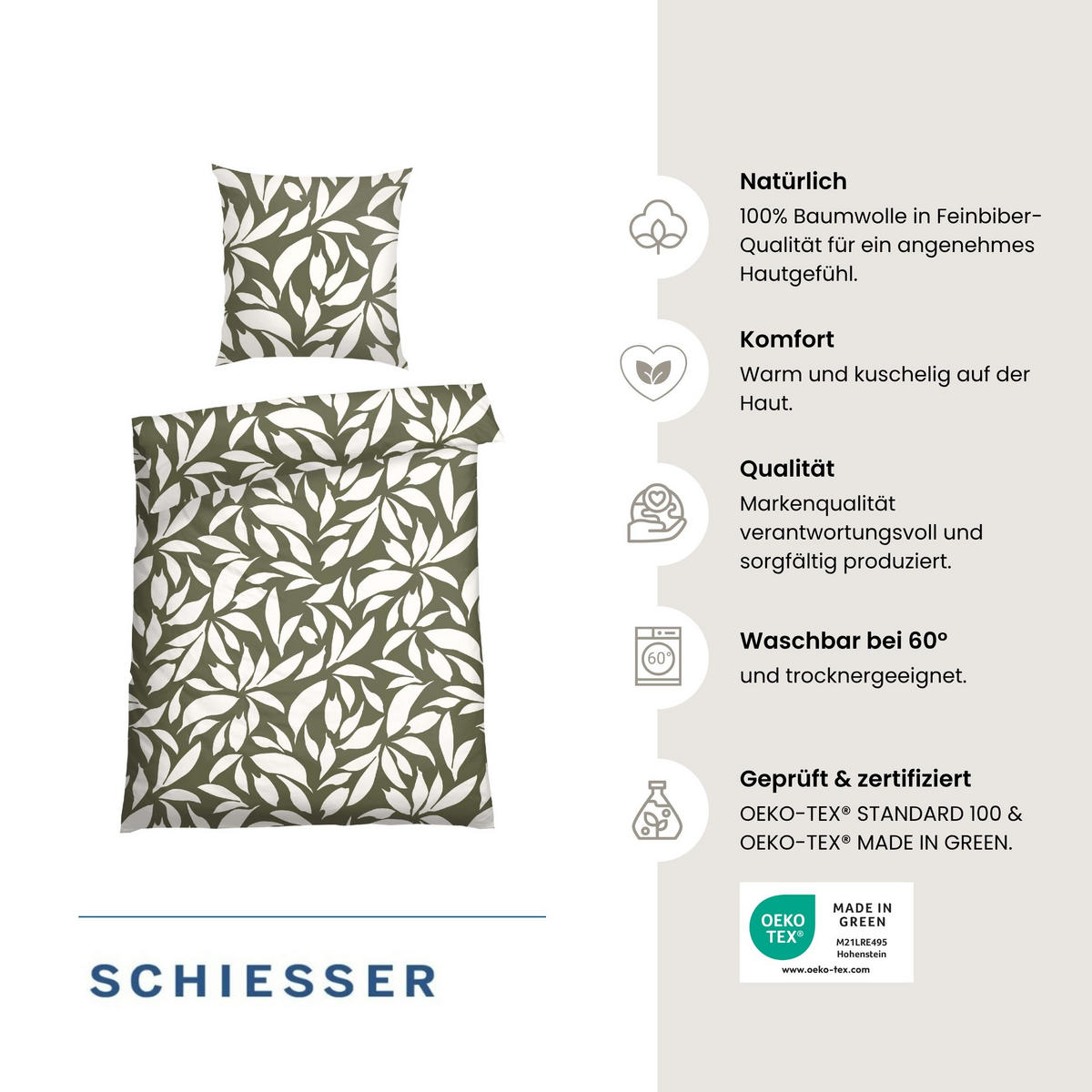 BETTWÄSCHESET Leaf - Feinbiber - 2-teilig - 135 x 200 cm - Grün - Grün, Textil (135/200cm) - SCHIESSER